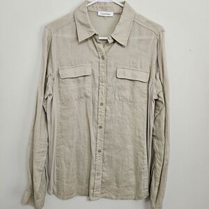 Calvin Klein Tan Linen Button Blouse Tunic Top Shirt Size M Roll Tab Lng Sleeve